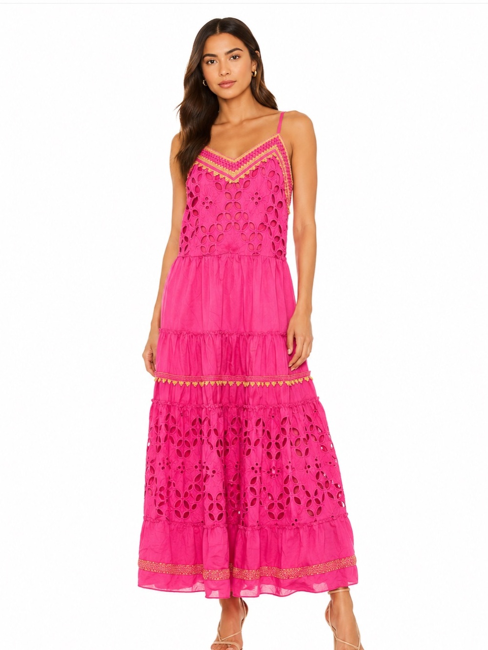 NWT Fuchsia Eyelet Tiered Maxi Dress with Contrast Trim